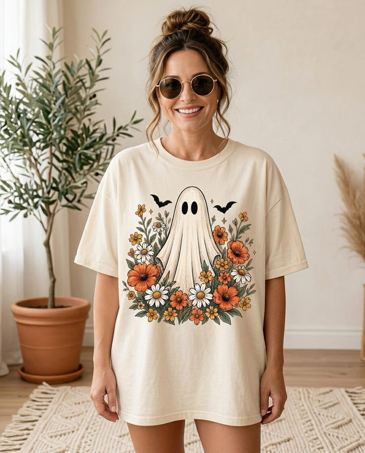 Model wearing the Boo Bloom tee in washed cream, oversized fit with a pastel floral ghost print