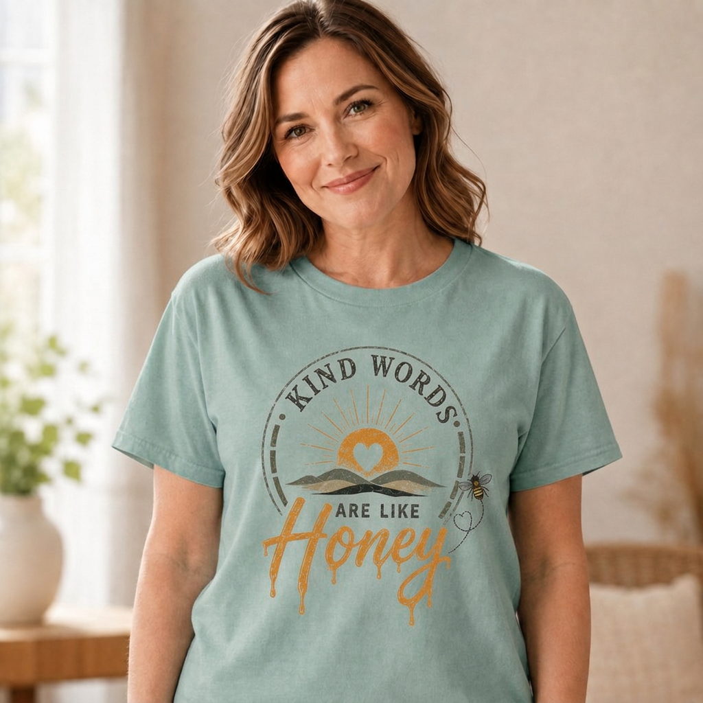 Model wearing the Kind Words Are Like Honey tee in soft bay green, relaxed fit with a golden honey and sunrise print